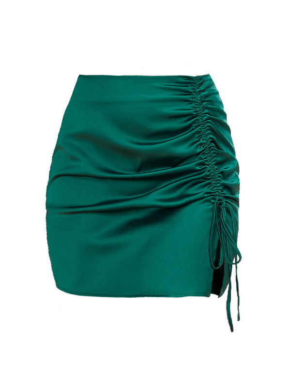 Divatos fűzős kötés mini szoknyák szatén női magas derekú, dörzsölt húzózsinór szexi szűk hasított szoknya ráncos partiszoknya H107