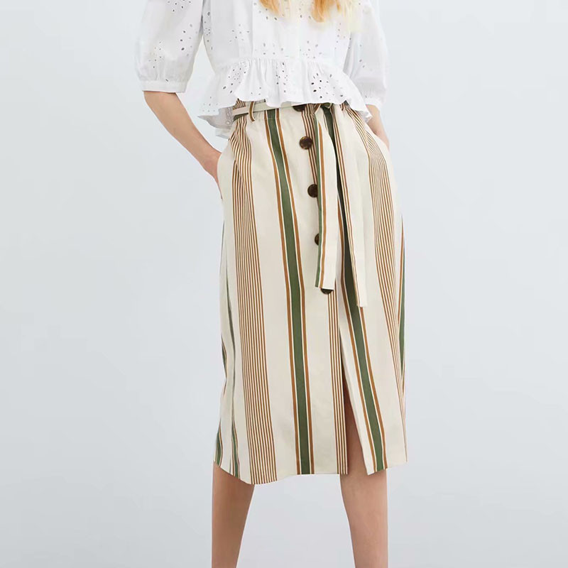 Herstory tavaszi magas derekú midi szoknyák Vintage csíkos női szexi hasított szoknyák alkalmi szalagok Retro szoknyák alsó