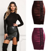 Pavasaris Vasara Sieviešu sānu svārki ar zīmuli, melni, mežģīņu PU ādas svārki Vintage Bodycon Mini svārki ar augstu vidukli