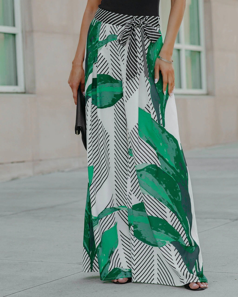 Juhuslik roheline trükitud lehtedega vöö seelik 2023 kevadsuvi lahtine pikk seelik Temperament naiste riided laia säärega püksid seelik 24834