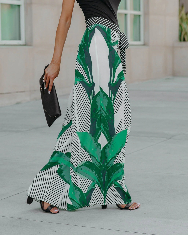 Juhuslik roheline trükitud lehtedega vöö seelik 2023 kevadsuvi lahtine pikk seelik Temperament naiste riided laia säärega püksid seelik 24834