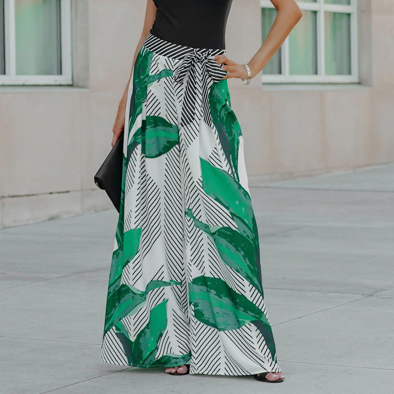 Juhuslik roheline trükitud lehtedega vöö seelik 2023 kevadsuvi lahtine pikk seelik Temperament naiste riided laia säärega püksid seelik 24834