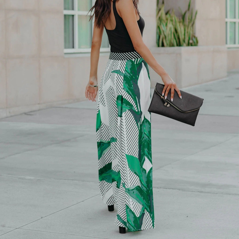 Juhuslik roheline trükitud lehtedega vöö seelik 2023 kevadsuvi lahtine pikk seelik Temperament naiste riided laia säärega püksid seelik 24834