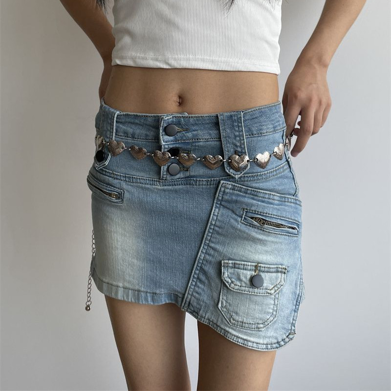 Džínsové nepravidelné mini sukne Dámske vrecká Nízky pás Sexy prané Vintage Jemný americký retro štýl Y2k oblečenie Harajuku Faldas