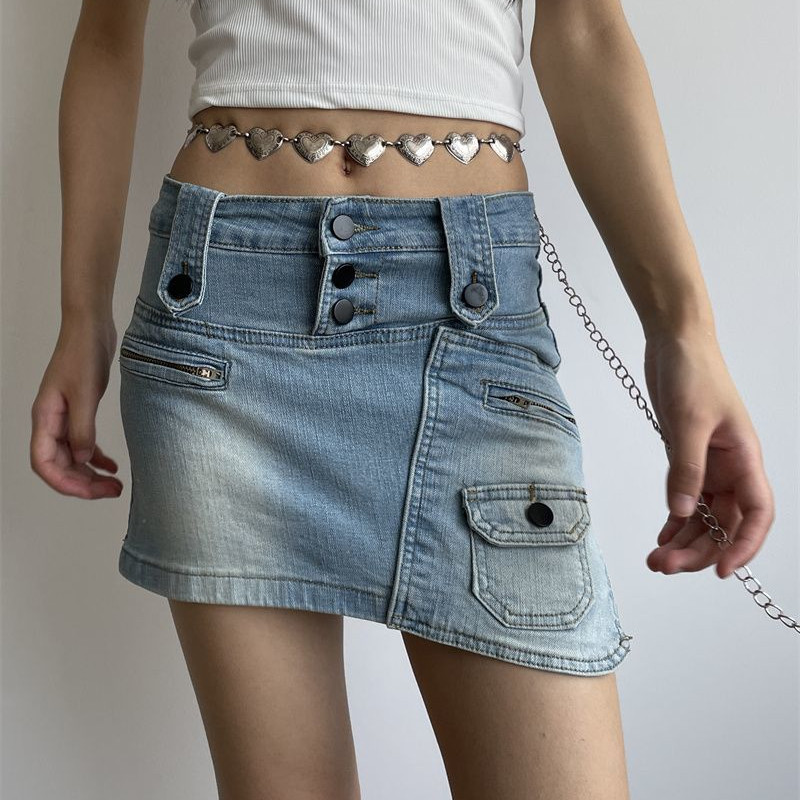 Džínsové nepravidelné mini sukne Dámske vrecká Nízky pás Sexy prané Vintage Jemný americký retro štýl Y2k oblečenie Harajuku Faldas