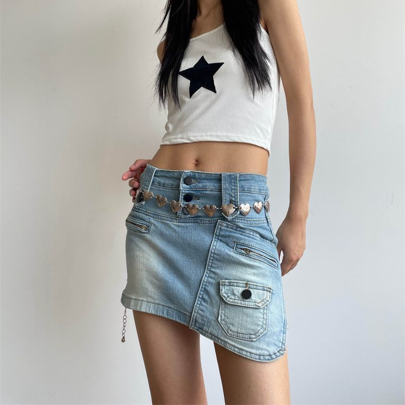 Džínsové nepravidelné mini sukne Dámske vrecká Nízky pás Sexy prané Vintage Jemný americký retro štýl Y2k oblečenie Harajuku Faldas