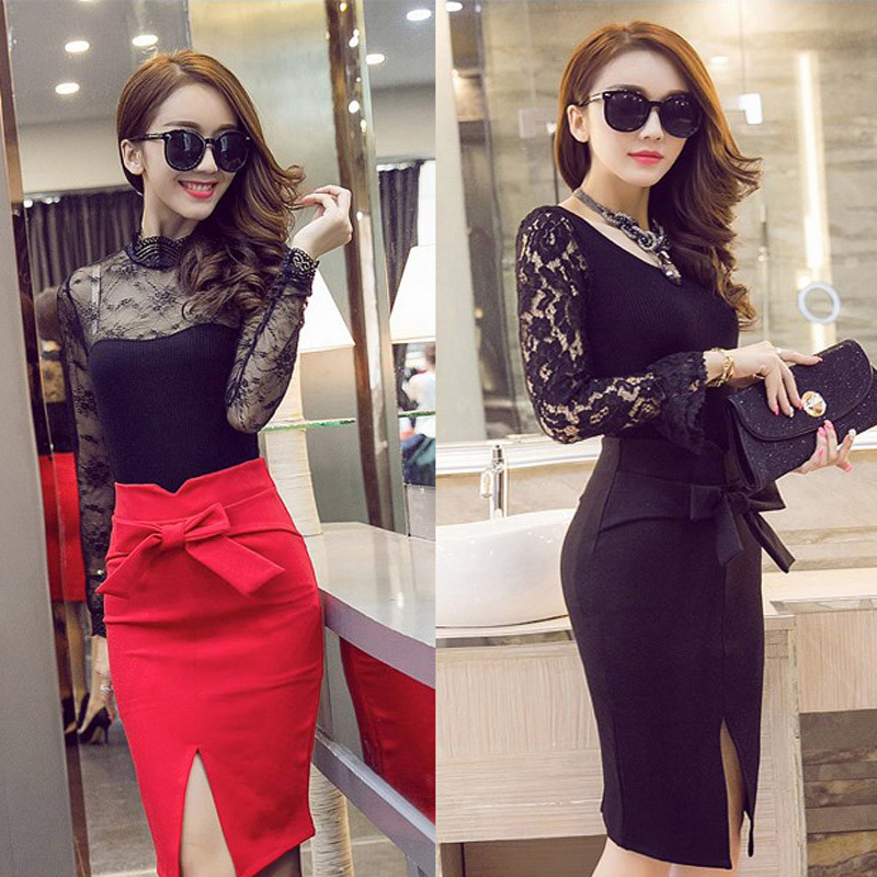 Sieviešu zīmuļu svārki Pavasara vasara Jauna modes svārki ar augstu vidukli, ikdienišķa loka svārki Eleganti atvērta šķēluma biroja svārki