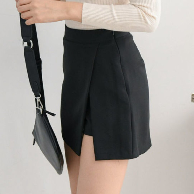 Мини поли Дамски странични цепки Нова мода Едноцветни Неправилни Ежедневни Семпли Тънки Офис Дамски шик Ulzzang Висока талия Универсален характер