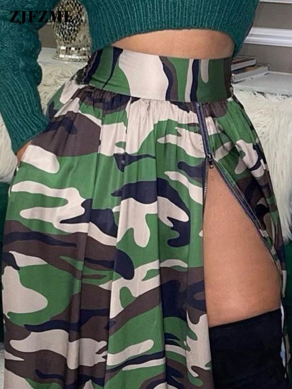 Gatvės drabužiai, moteriški klostuoti kamufliažiniai sijonai, vintažiniai užtrauktukai, aukštai suskirstyti, dideli, rutuliniai sijonai.