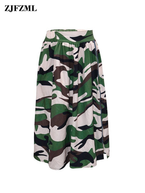 Gatvės drabužiai, moteriški klostuoti kamufliažiniai sijonai, vintažiniai užtrauktukai, aukštai suskirstyti, dideli, rutuliniai sijonai.