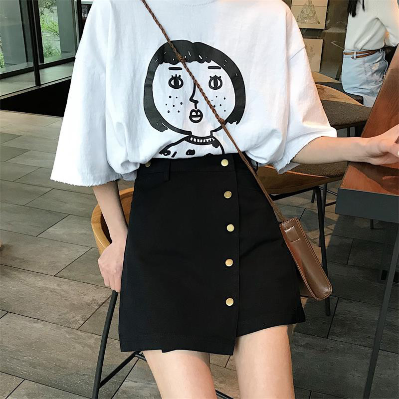 Seelikud Naised Simple All Match Preppy Asümmeetriline Metallnööbiga Mini Empire Suvine Naistele Noor mood vabaaja Korea stiil šikk