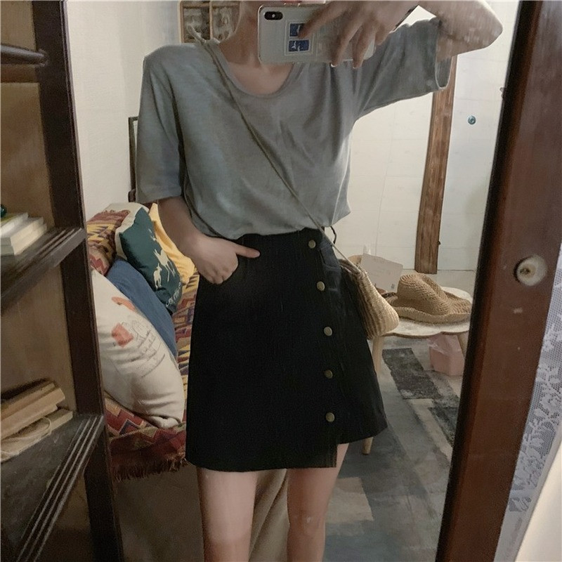 Seelikud Naised Simple All Match Preppy Asümmeetriline Metallnööbiga Mini Empire Suvine Naistele Noor mood vabaaja Korea stiil šikk