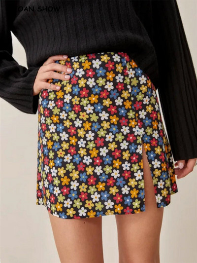 2021, Harajuku, albastru, alb, cu imprimeu floral, mini-fustă cu tiv pentru femei, sexy, cu talie înaltă, cu căptușeală în partea inferioară, pentru femei