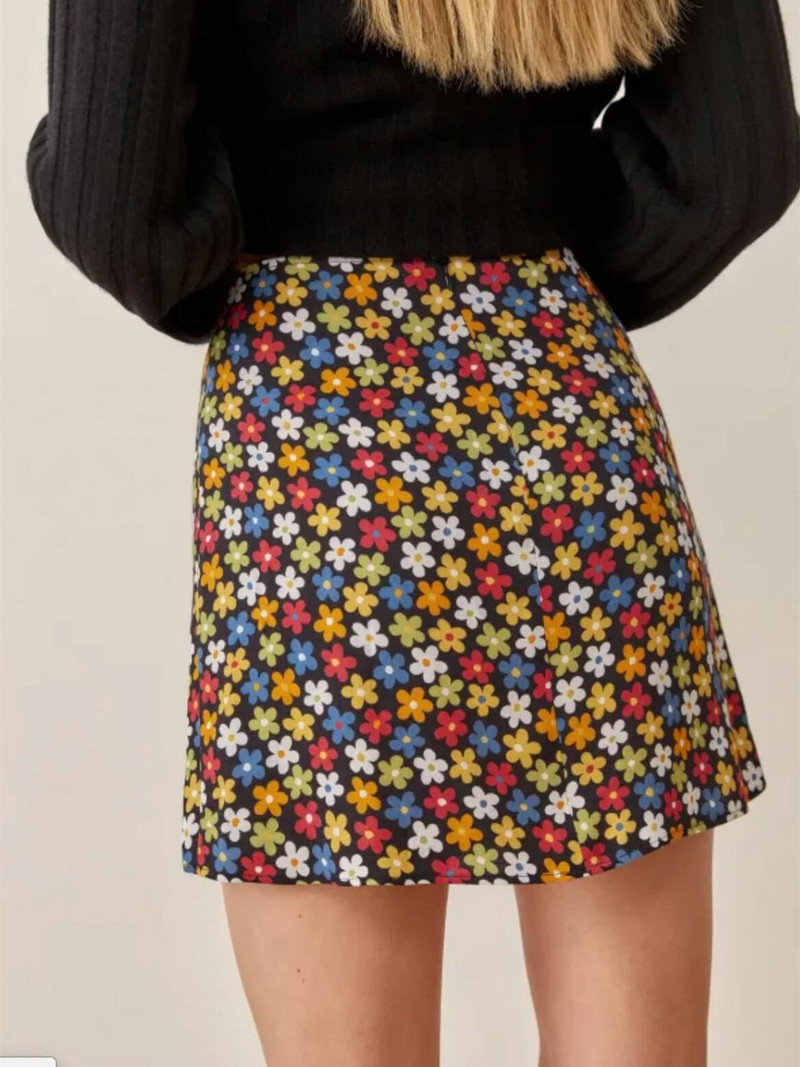 2021 Harajuku Μπλε Λευκό Φλοράλ Μίνι φούστα με στάμπα με σχισμές Σέξι γυναικείες φούστες με ψηλόμεσο σκίσιμο με επένδυση στο κάτω μέρος Γυναικεία
