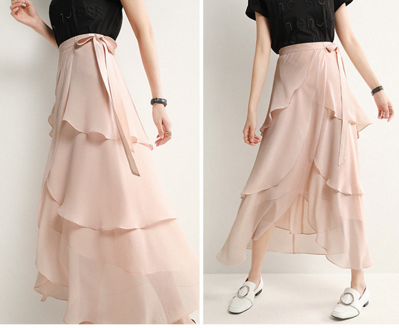 Alkalmi elegáns, magas derekú tündéri sifonszoknya nyári divat szabálytalan vékony női elegáns irodai női masni fodros szoknya 21795