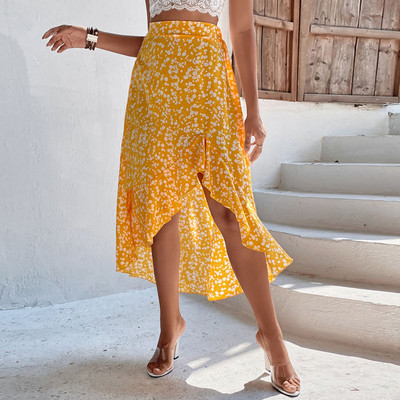 Női Midi szoknya nyári strandstílus virágos nyomott magas derekú alkalmi szoknya Ins szoknya Bohém aszimmetrikus strandszoknyák