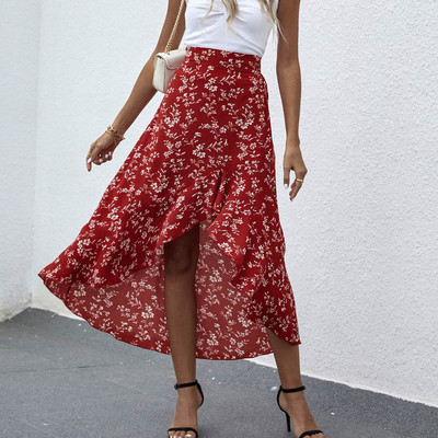 Női Midi szoknya nyári strandstílus virágos nyomott magas derekú alkalmi szoknya Ins szoknya Bohém aszimmetrikus strandszoknyák