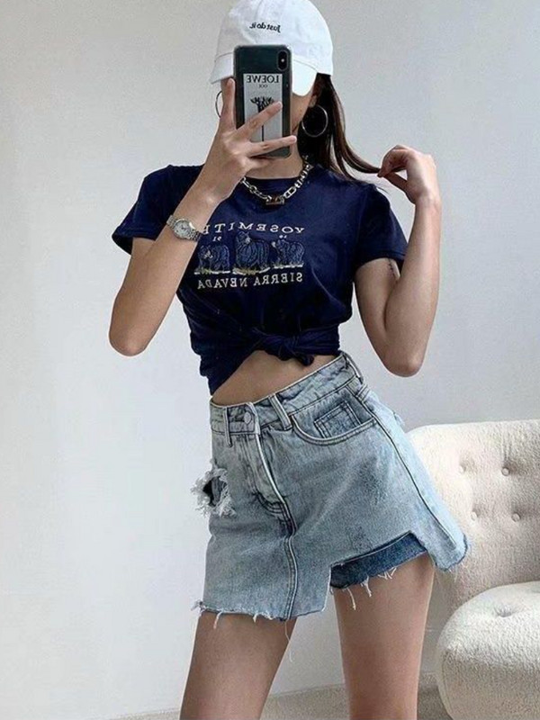 Džinsu svārki Sieviešu personība S-5XL Stilīgs dizains Vasaras asimetrisks Seksīgs Ulzzang Vispiemērotākais Streetwear Retro Colleges Empire