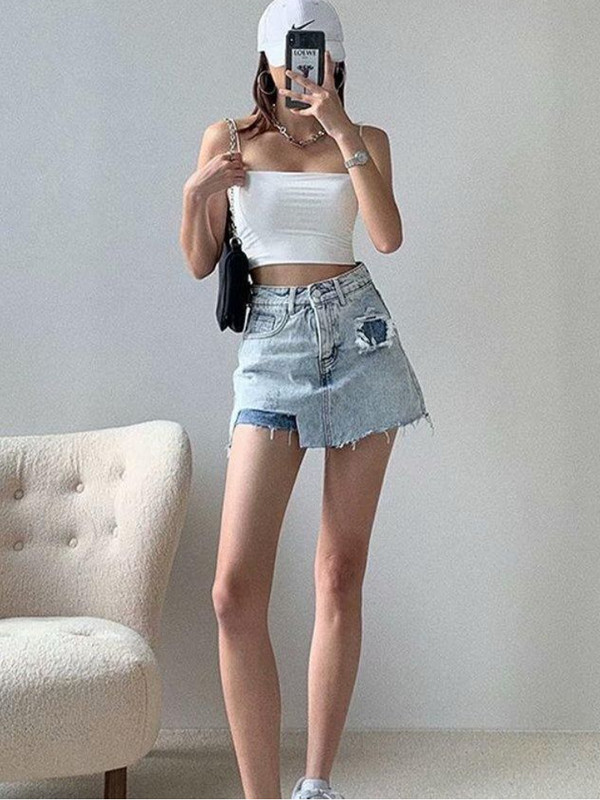 Džinsu svārki Sieviešu personība S-5XL Stilīgs dizains Vasaras asimetrisks Seksīgs Ulzzang Vispiemērotākais Streetwear Retro Colleges Empire