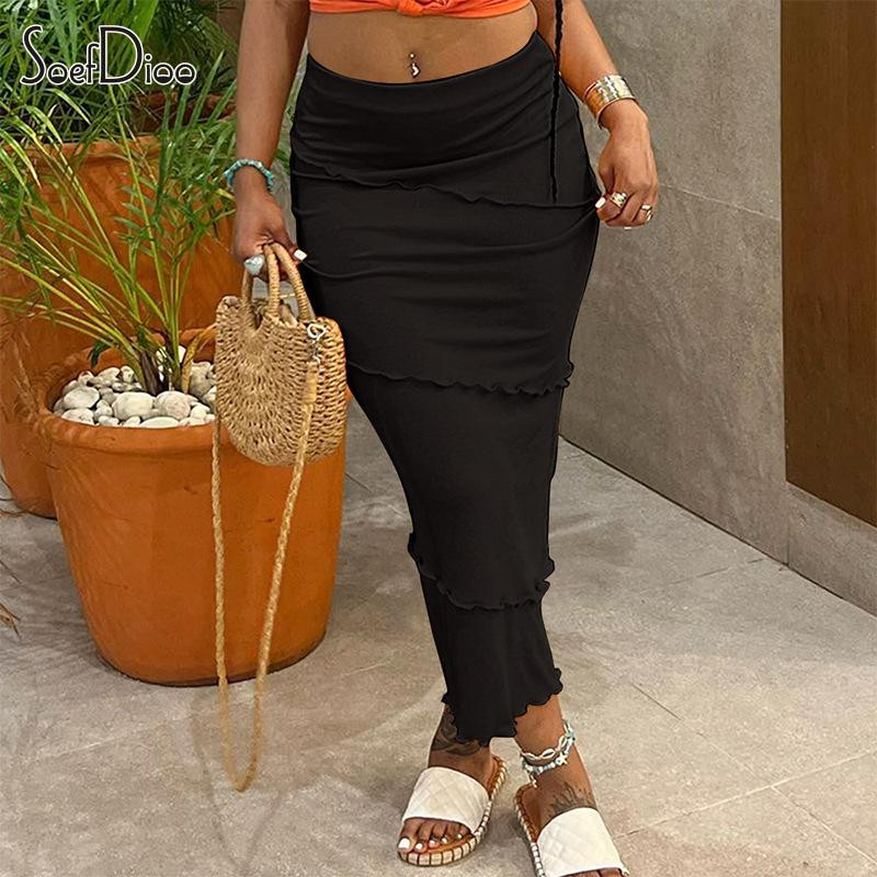 Soefdioo Solid Ruffles Tīkla svārki Sieviešu modes skats ar augstu vidukli ķermeni veidojoši maksi svārki 2023. gada vasaras klubā