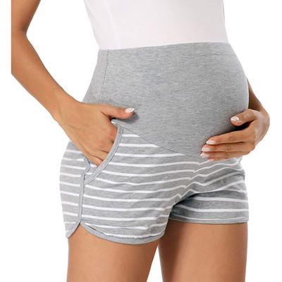 Дамски къси панталони с широки райета за бременни, еластични къси панталони с висока талия, широки джобни панталони за бременни, летни плажни къси панталони