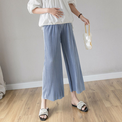 plus size Ice Silk Φαρδύ φαρδύ παντελόνι για έγκυες Πλισέ Παντελόνι εγκυμοσύνης Ελαστικό μασίφ μπλε Ρούχα OL Επίσημες εργασίες