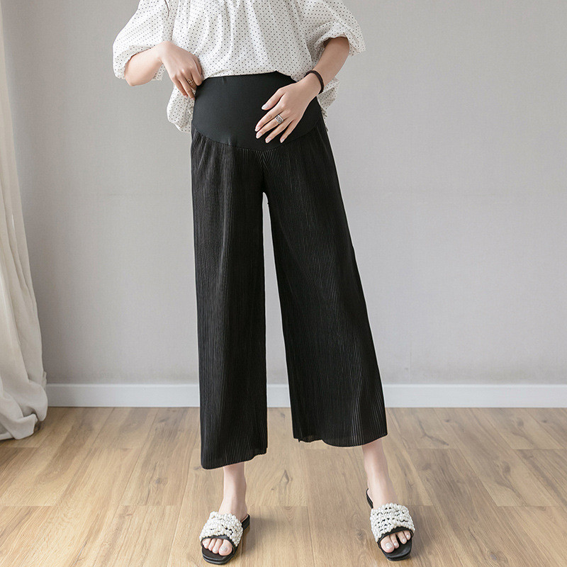 plus size Ice Silk Φαρδύ φαρδύ παντελόνι για έγκυες Πλισέ Παντελόνι εγκυμοσύνης Ελαστικό μασίφ μπλε Ρούχα OL Επίσημες εργασίες