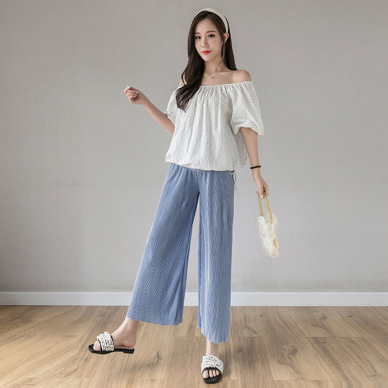 plus size Ice Silk Φαρδύ φαρδύ παντελόνι για έγκυες Πλισέ Παντελόνι εγκυμοσύνης Ελαστικό μασίφ μπλε Ρούχα OL Επίσημες εργασίες