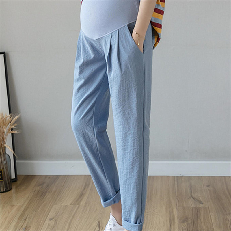 Kismama nadrág állítható derékrész Bő nadrág alkalmi külső viselet Kilenc pont széles lábszár támasztó leggings nyári terhes nadrág