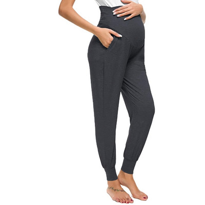 Kismama alkalmi nadrág Rugalmas kényelmes jóga sportnadrág egyszínű magas derekú terhes női nadrág zsebbel