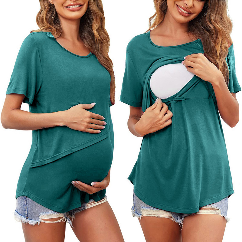 Raseduse rinnaga toitmise pluus Naiste ühevärviline lühikeste varrukatega imetamistopsid Rasedus, kaelus asümmeetriline T-särgi pullover