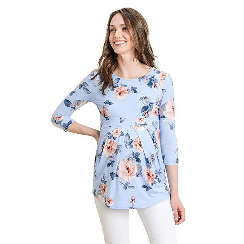 Trudnička haljina sa sedam dijelnih rukava, majica s okruglim izrezom, s printom, trudnička kućna odjeća, vrhunska moda za trudnice Ropa Premama