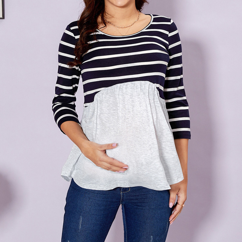 Grūtnieču zīdīšanas T krekls Vasaras īsām piedurknēm T krekls Svītrains raibs barošanas zīdīšanas brīvs augšējais grūtnieču apģērbs