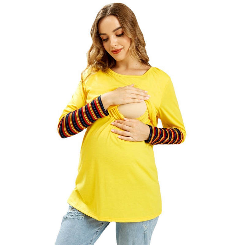 Moteriški marškinėliai nėščiosioms Drabužiai Vasaros rudens ilgomis rankovėmis Dryželiai žindymui Marškiniai nėštumui Didelio dydžio drabužiai