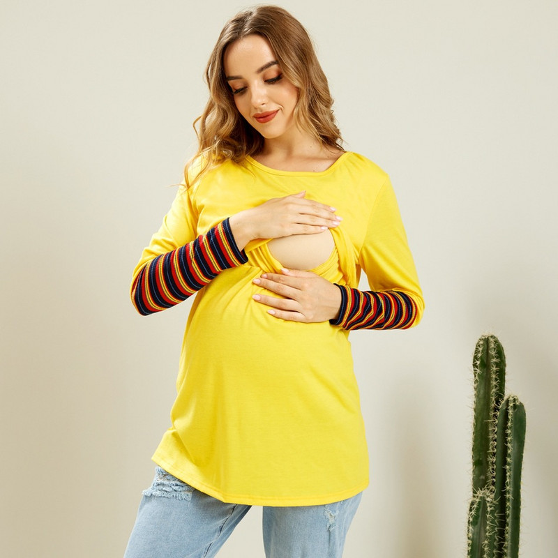 Moteriški marškinėliai nėščiosioms Drabužiai Vasaros rudens ilgomis rankovėmis Dryželiai žindymui Marškiniai nėštumui Didelio dydžio drabužiai