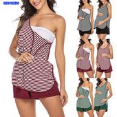 Sieviešu maternitātes zīdīšanas pidžamas komplekts ar īsām piedurknēm, barojošs mazulis, ikdienas T kreklu topi + šorti, vienkrāsaini bikses, naktsveļa