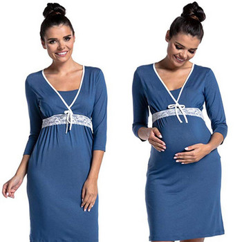 Модна рокля с V-образно деколте с дантелени шевове в различни цветове. Пижами за бременни жени, дрехи за кърмачки, домашни дрехи за бременни жени
