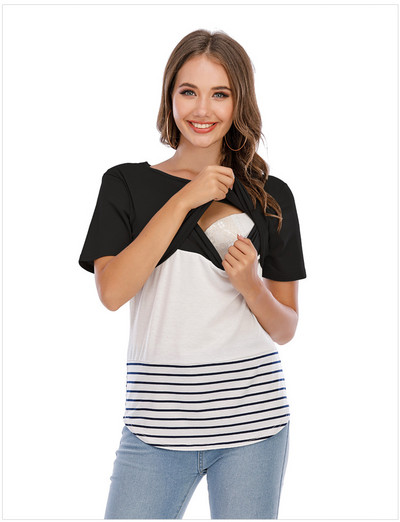 Μπλουζάκι θηλασμού για εγκυμοσύνη με ριγέ κοντομάνικο μπλουζάκι για εγκυμοσύνη