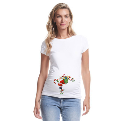 Kismama póló Karácsonyi Mikulás Rajzfilm nyomtatott póló Karácsonyi Terhes nők Divat póló Terhesség Bejelentés Ruházat