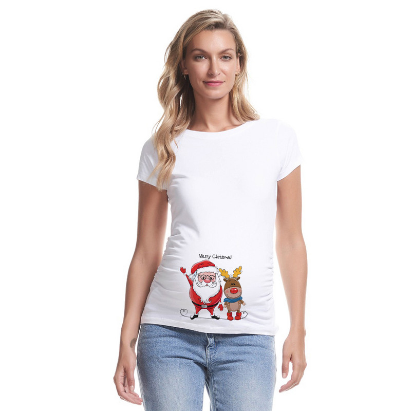 Kismama póló Karácsonyi Mikulás Rajzfilm nyomtatott póló Karácsonyi Terhes nők Divat póló Terhesség Bejelentés Ruházat