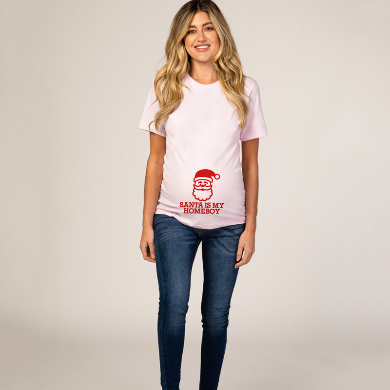 Kismama póló Karácsonyi Mikulás Rajzfilm nyomtatott póló Karácsonyi Terhes nők Divat póló Terhesség Bejelentés Ruházat