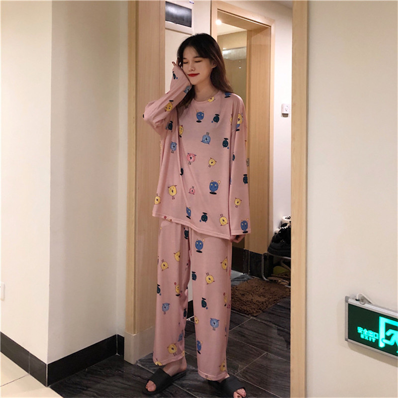 Sieviešu pidžamas komplekts Femme ar garām piedurknēm pidžamas uzvalks rudens dāmām jauks dzīvnieku naktsveļa sieviešu plāns, mīļš mājas apģērbs PJS komplekts