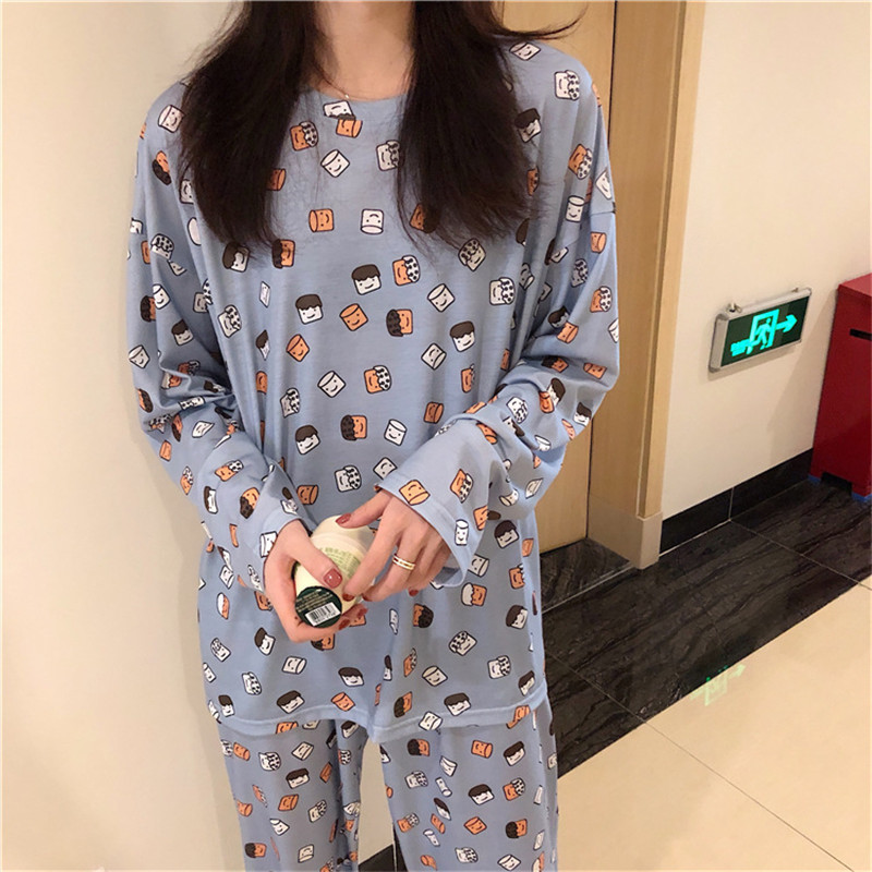 Sieviešu pidžamas komplekts Femme ar garām piedurknēm pidžamas uzvalks rudens dāmām jauks dzīvnieku naktsveļa sieviešu plāns, mīļš mājas apģērbs PJS komplekts