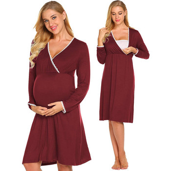 Модална пижама за бременни Нощница Едноцветна рокля за бременни с дълъг ръкав Vestidos Нощно облекло за бременни жени Спално облекло Газ