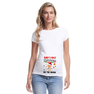 Mazuļa pirmie Ziemassvētki iekšā Grūtniecības T krekls Grūtnieču krekli Ziemassvētku grūtniecības paziņojuma krekls Jauns mammas balts apģērbs