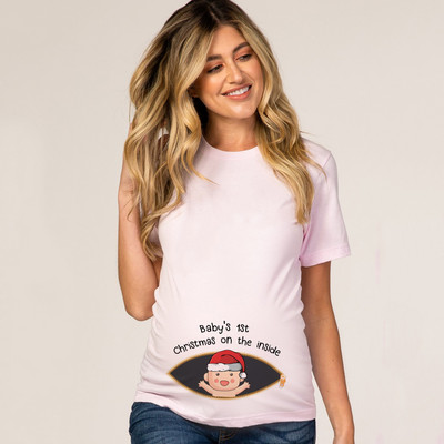 Mazuļa pirmie Ziemassvētki iekšā Grūtniecības T krekls Grūtnieču krekli Ziemassvētku grūtniecības paziņojuma krekls Jauns mammas balts apģērbs