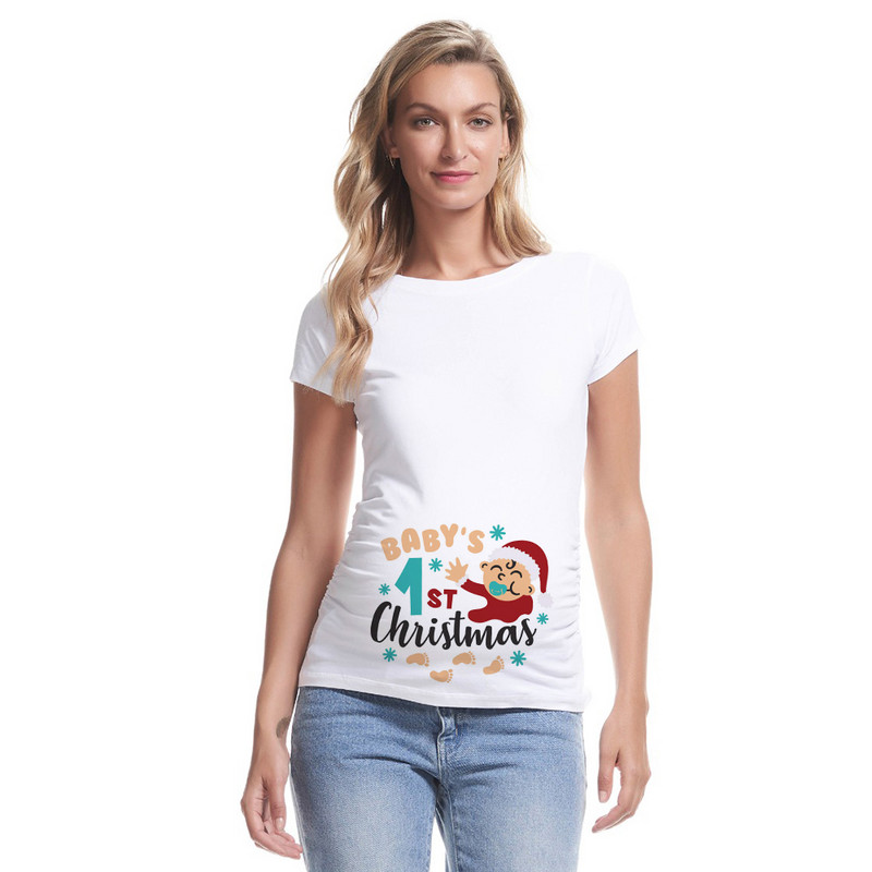 Mazuļa pirmie Ziemassvētki iekšā Grūtniecības T krekls Grūtnieču krekli Ziemassvētku grūtniecības paziņojuma krekls Jauns mammas balts apģērbs
