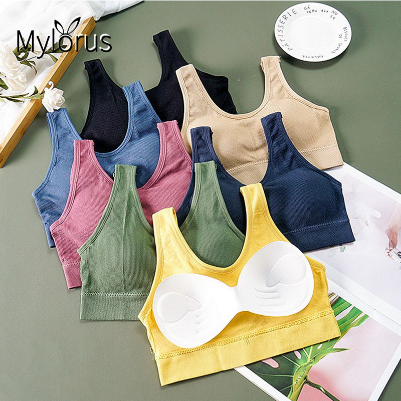 Moteriškos sportinės liemenėlės viršutinės kelnaitės Gatvės apranga Push Up Crop Top Moteriškos poilsio erdvės solidžios laisvalaikio belaidės Camisole vasarinės jogos liemenėlės