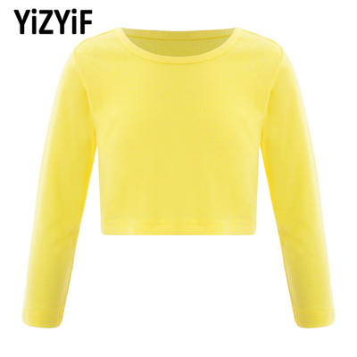 Summer Kids Girls Breathable Running T-shirts Sport Yoga Cropped Top Vests Casual Long Sleeve Solid Color Jazz Dance Top T-shirt