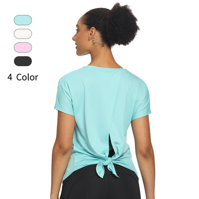 Дамски тренировъчни горнища с отворен гръб Сладки атлетични йога тениски с къс ръкав Тениски за бягане Дамски йога потници
